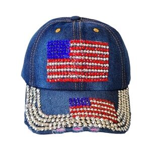 NWT Rhinestone American Flag Denim Baseball hat ball cap USA Fourth of July